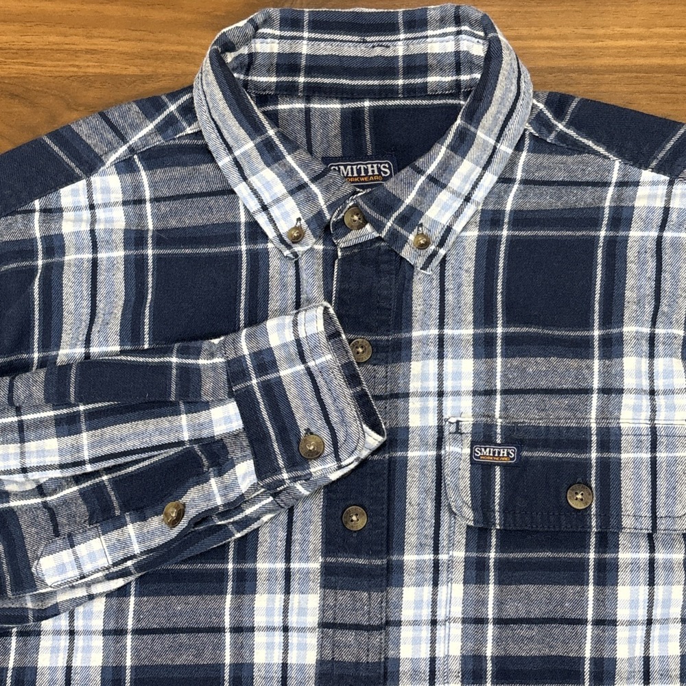 Smiths Work Wear Mens Blue & White Plaid Flannel Long Slv Button Dn Shirt Size M